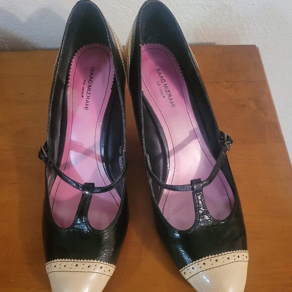Isaac Mizrahi Amelia Retro T-Strap Heels Black Cream Size 11 - Picture 4 of 8